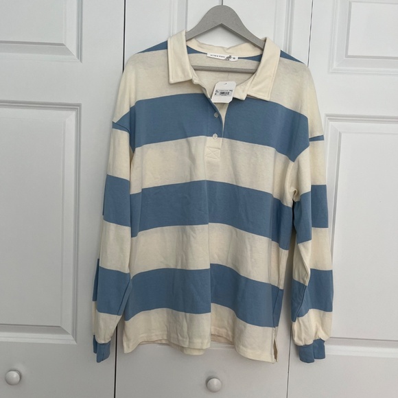 Altar'd State Landon Rugby Stripe Polo Blue/Ivory Roomy Relaxed fit, Sz M/L - Picture 6 of 15